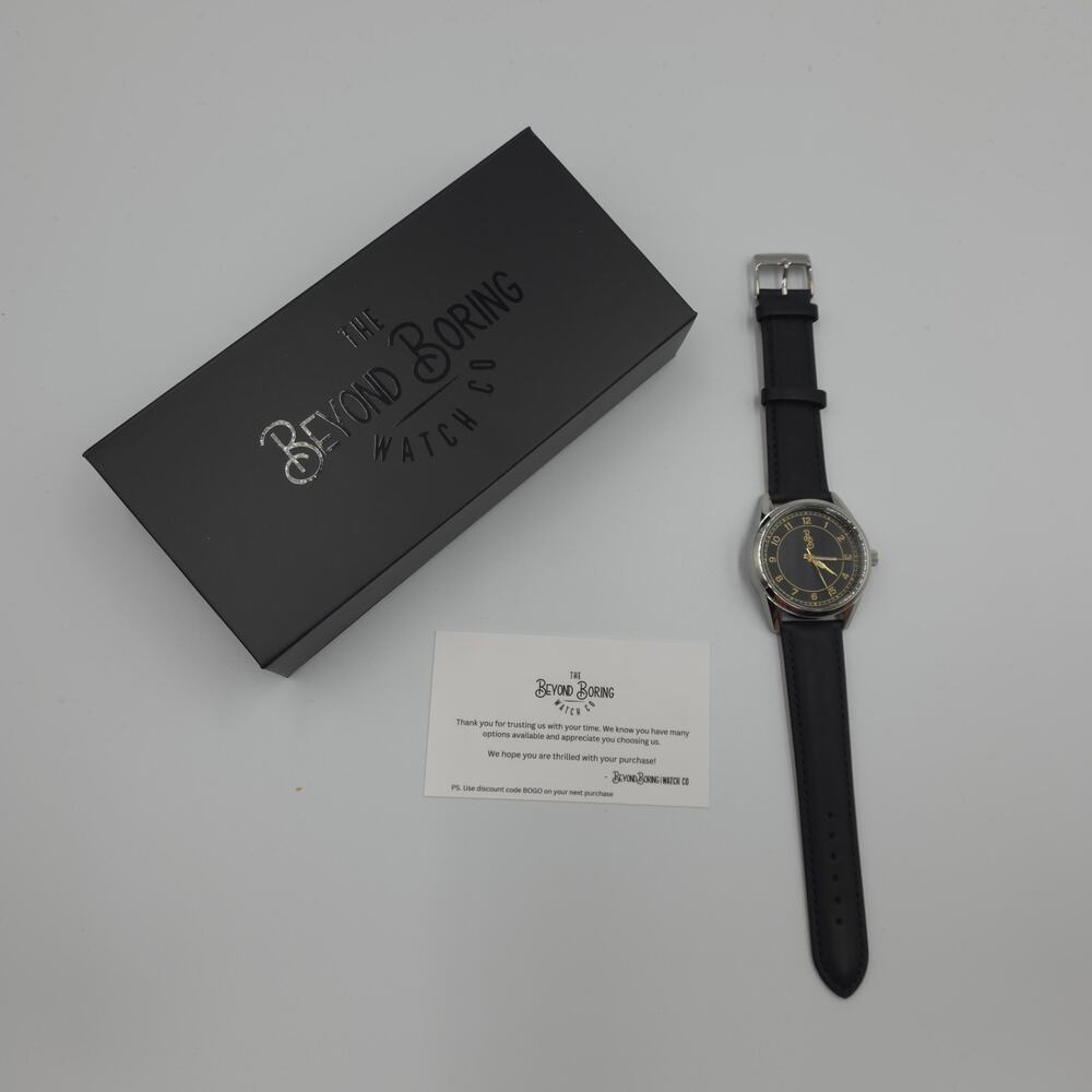 The Beyond Boring Watch Company Black and Gold Classic Watch Black Leather 39mm